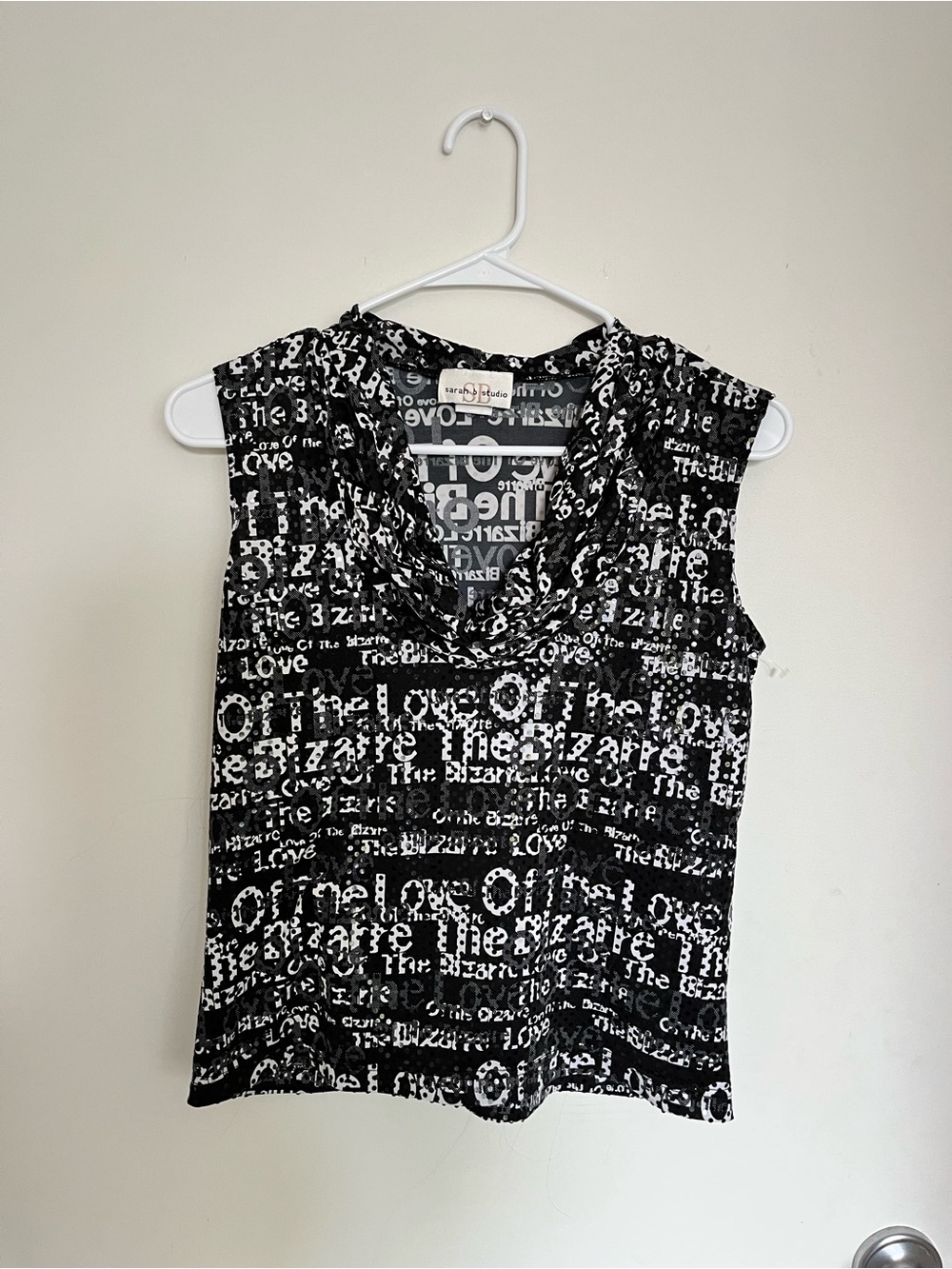 Sarah b Studio Black & White Graphic Text sequin Cowl Neck Camisole